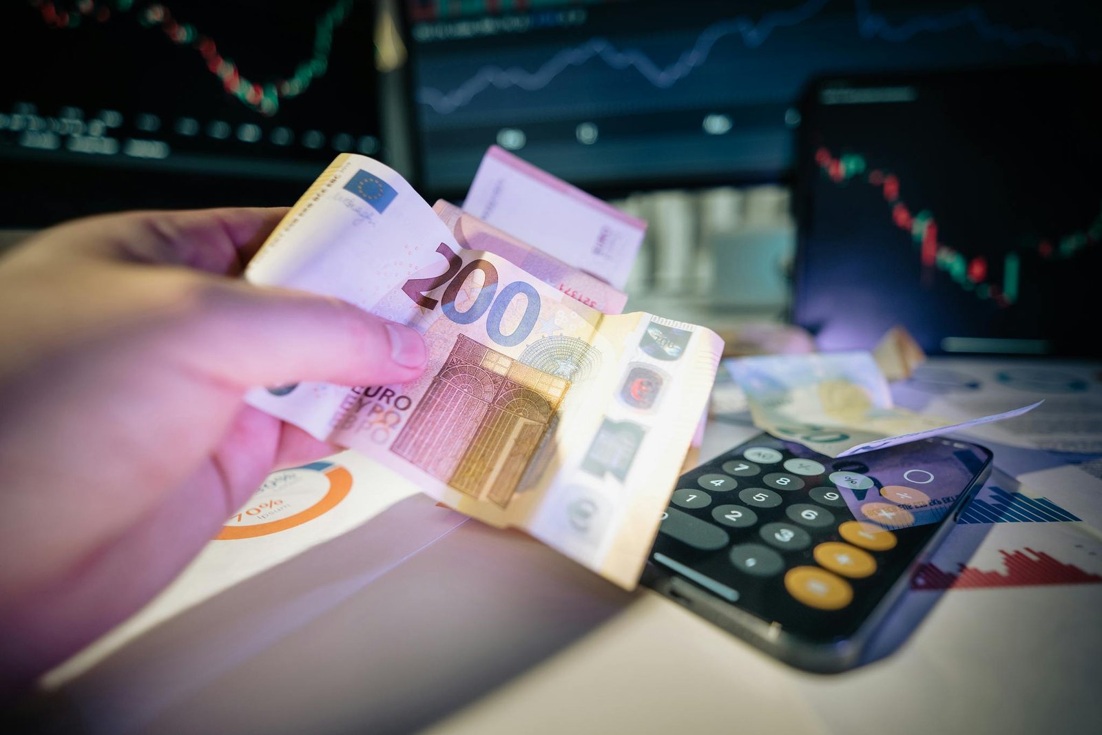 A hand holds euro notes with financial charts and a calculator, symbolizing investment and trading.