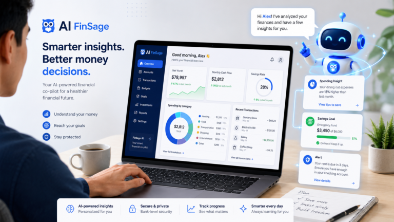 Person using an AI-powered personal finance dashboard to review spending, savings, and money insights.