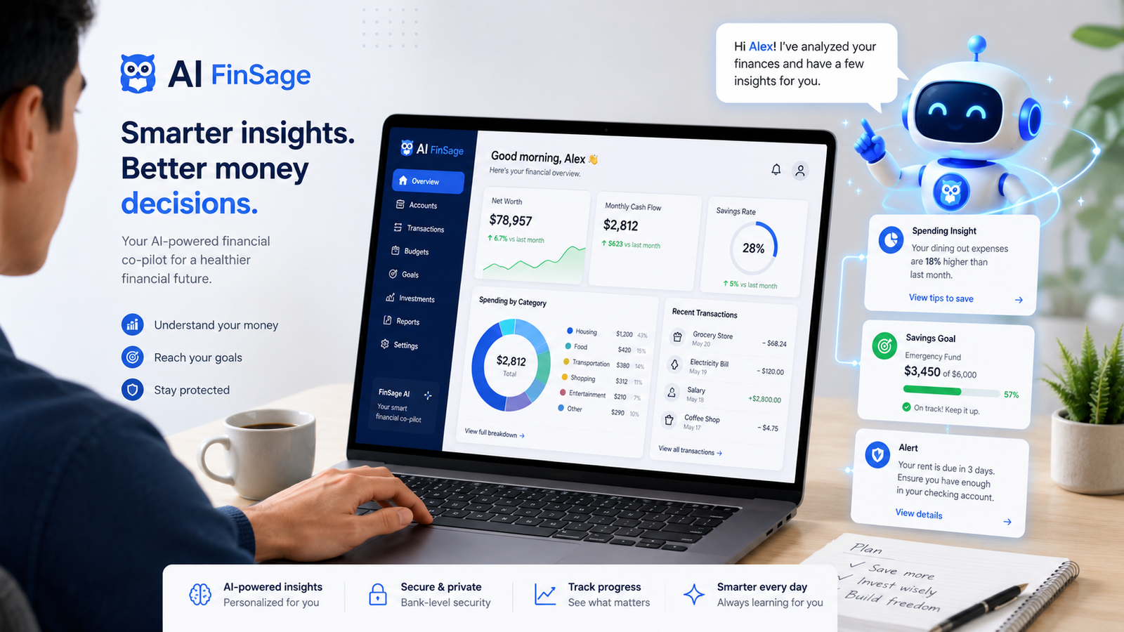 Person using an AI-powered personal finance dashboard to review spending, savings, and money insights.