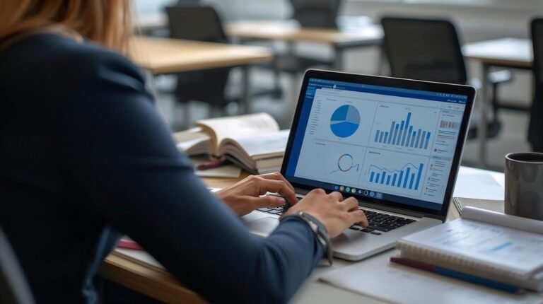 Woman working on laptop with charts and graphs.